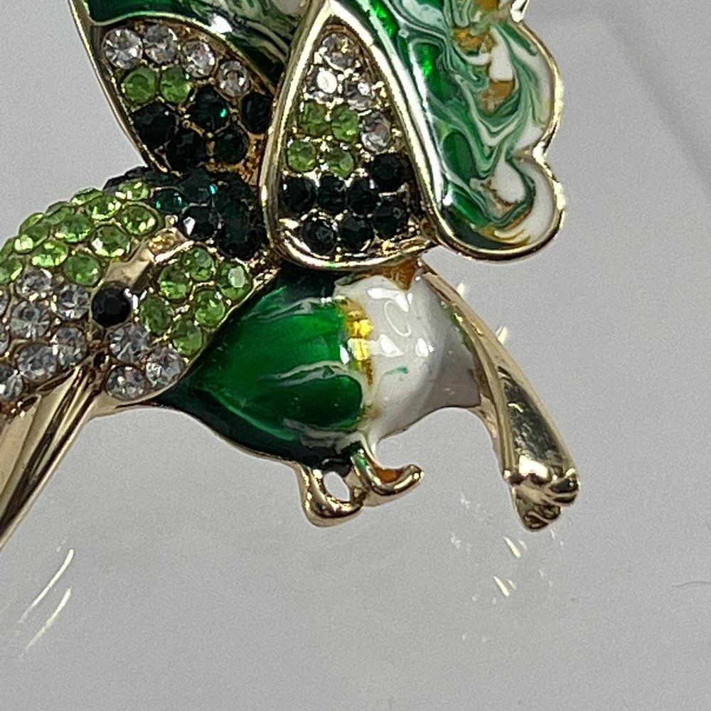 Hummingbird Brooch Pin Green White Enamel Rhinestones Gold Tone Sparkle - Picture 6 of 7